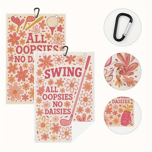 TEMU 2pcs Women's Golf Towels With Clip - "all No Daisies" , , Quick-dry Polyester, Golf Bags & Gifts, Golf Bag Accessories