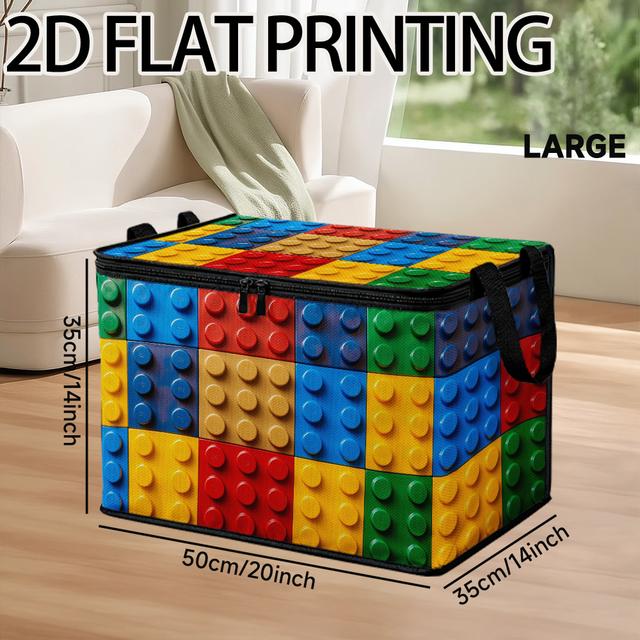 TEMU 1pc Lidded Storage Bin With Colorful Building Blocks Pattern | Versatile Polyester Storage Basket For Office Supplies, Seasonal Clothes, Warehouse Storage, Closure