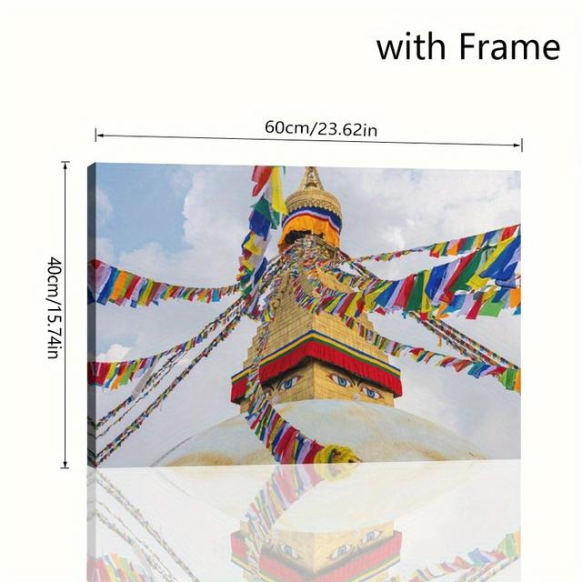 TEMU 1pc, With Frame, Nepal Boudhanath Stupa Landscape Poster Canvas Wall Art. Suitable For Bedroom, Office Decor And As A Gift, With Colorful Flag Elements. 12x18inches, 2d Flat