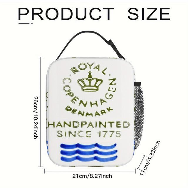TEMU 1pc 로열 코펜하겐 포르셀라인 접시, 파란색 웨이브 패턴, 열绝缘 가방 - 내구성 있는 폴리에스테르, 식품 접촉 없음, 가정, 레스토랑, 사무실, 하이킹 및 해변 보관에 이상적, 보온 식품 가방