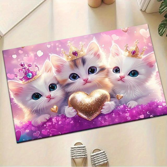TEMU 【商品名】冠を戴いた子猫と金色のハート柄のプリン。キッチンマット、廊下マット、寝室玄関マット、バスルームマット、浴室玄関マット、寝室マット、リビンマット、屋内・屋外マット、玄関マットに最適。