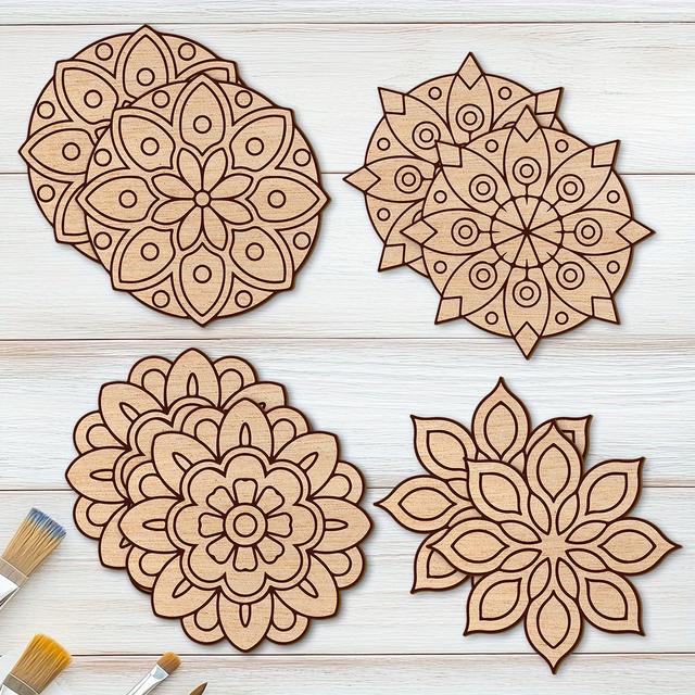 TEMU 8pcs Large Unfinished Mandala Coloring Wood Craft Kits With Stickers - Wood Mandala Templates With Mandala Patterns, Pre-cut Lines For , Diy Art For S &, Coloring Activity