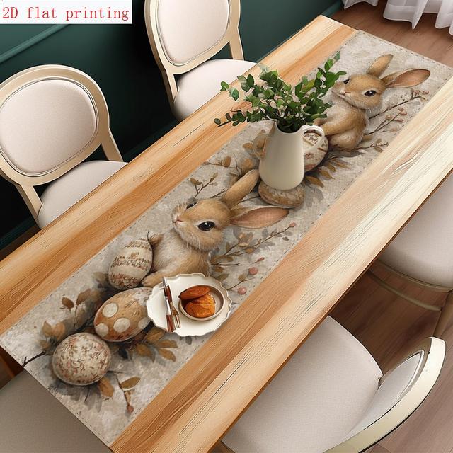 TEMU . Tischläufer im Landhausstil mit beigem Hasen- und Eiermuster | 2D-Druck, Polyester, geeignet für Ostern, Party, Picknick, Zusammenkunft, perfekt für Küchen- und Esstischdekoration