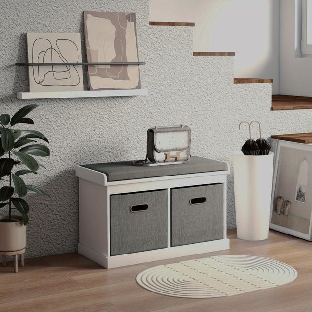 TEMU Homcom Shoe Bench With Seat, Entryway Bench With Cushion And 2 Fabric Drawers, Shoe Storage Bench For Hallway, Living Room, Bedroom, White