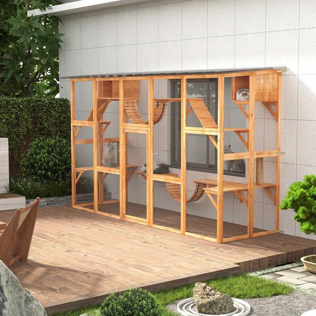 TEMU Pawhut , Large Outdoor Cat Enclosure With Cat Condos, Platforms, Ladders, Doors, Weather-resistant Roof, Wooden Cat Cage For 1-, Orange