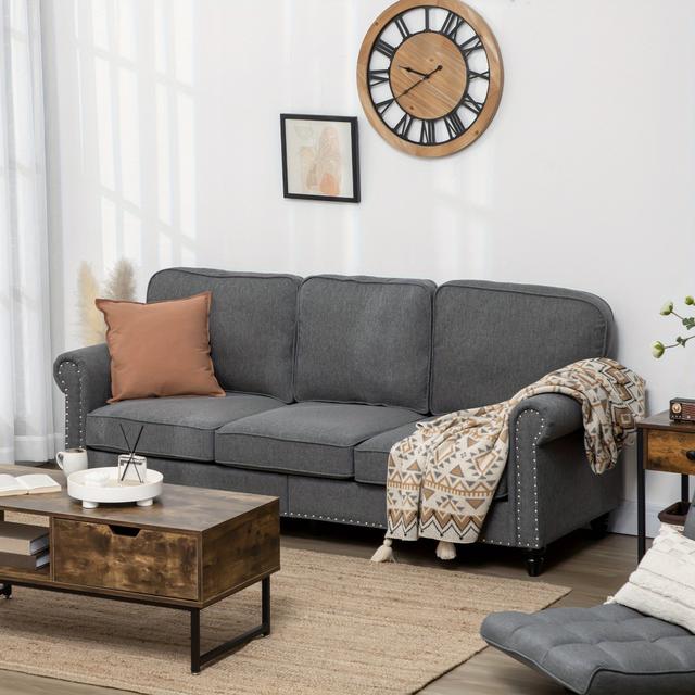 TEMU Homcom 3-seater Sofa Couch, 81" Modern Linen Fabric Sofa With Rubberwood Legs, Nailhead Trim And Rolled Arms For Living Room, Bedroom And Apartment, Grey