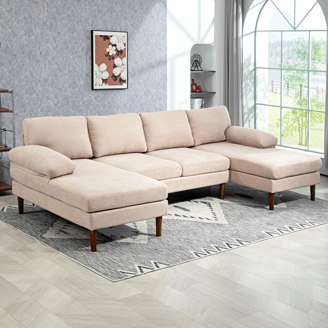 TEMU Homcom U Sofa Double , 4 Seater Couch Wooden Legs And , Sofa For Room, Bedroom, Beige