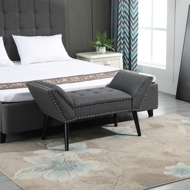 TEMU Homcom Button Tufted End Of Bed Bench, Linen Fabric Upholstered Bedroom Bench, Entryway Bench With Arms And Nailhead Trim For Living Room, Hallway, Dark Grey