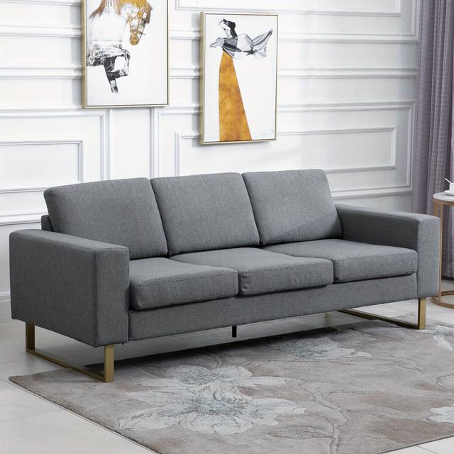 TEMU Homcom Modern 3 Seat Sofa, Linen Upholstered Cozy Padded Couch With Steel Leg, Backrest And Wide Armrest, Grey