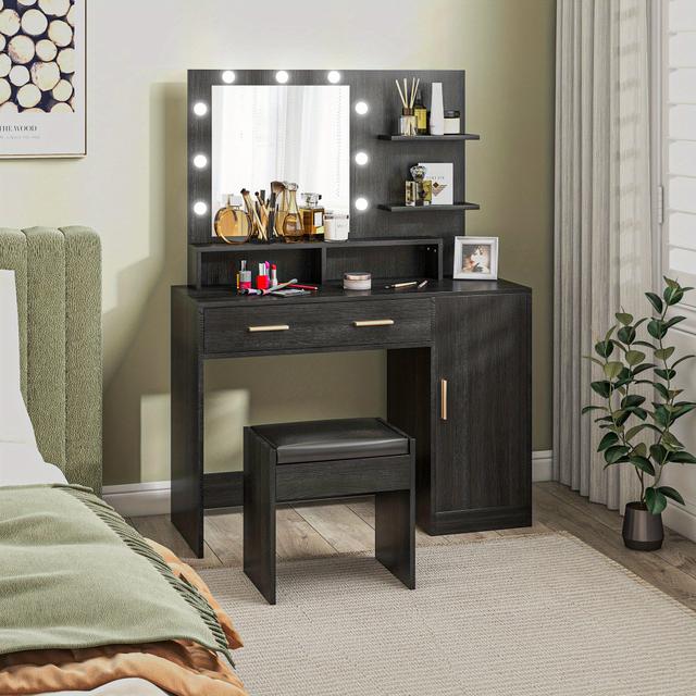 TEMU Homcom Dressing Table Set With Illuminated Mirror, Led Vanity Table With Stool, Drawer, Cabinet And 3 Open Shelves For Bedroom( Black)