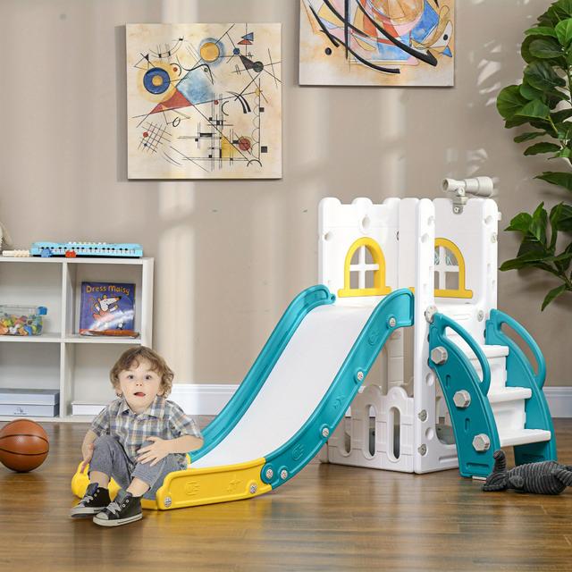 TEMU Qaba Toddler Slide, 4 In 1 Slide For Kids Aged 1-3 Years With Basketball Hoop, Climber, Telescope, Storage Basket, For Indoor Use, Yellow