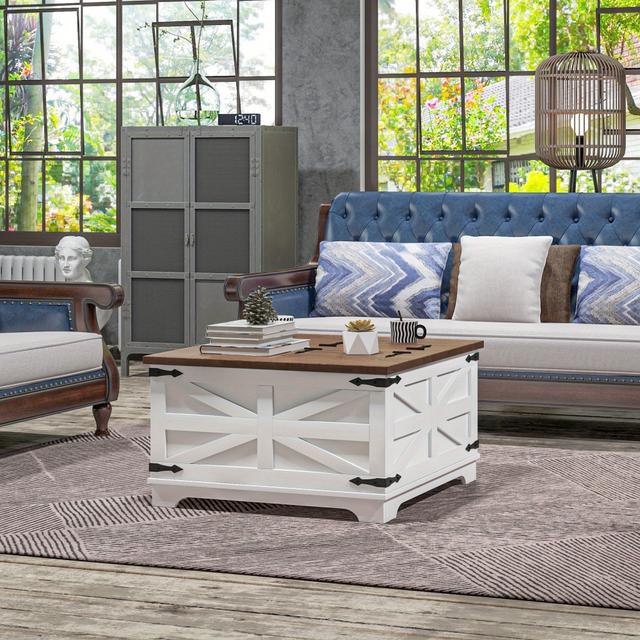 TEMU Homcom Farmhouse Coffee Table With Storage, Center Table With Hinged Lift Top And Hidden Space, Square Coffee Table For Living Room, White