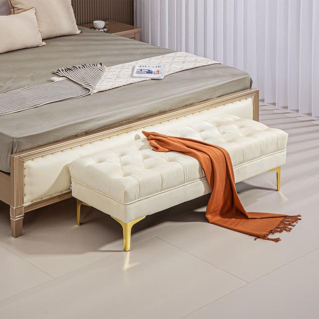 TEMU Homcom Velvet Upholstered Bench, End Of Bed Bench, Entryway Shoe Bench With Button Tufted For Living Room, Bedroom, Cream White