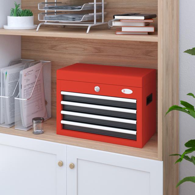 TEMU Durhand 4 Drawer Tool Box With Metal Latch Closure And Ball Bearing Slides, 18" Portable Tool Chest With Powder Coated Finish For Garage, Household And Warehouse, Red