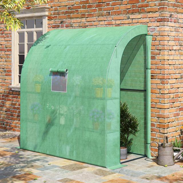 TEMU Walk-in To Wall Greenhouse With Windows And Doors, Outdoor With 3 Wired Shelves, 200l X 100w X 215hcm, Green