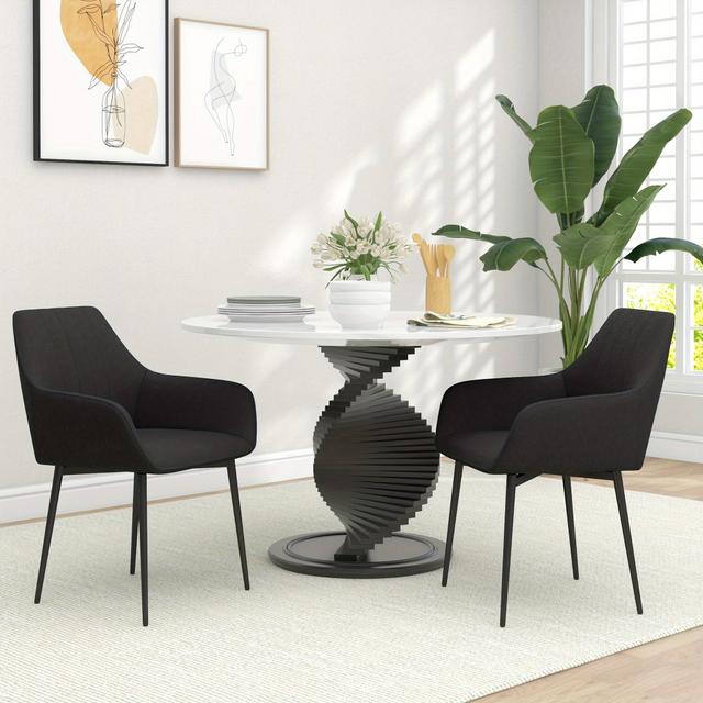 TEMU Homcom Dining Chairs Set Of 2, Upholstered Kitchen Chairs, Linen Fabric Accent Arm Chairs With Metal Legs, Black