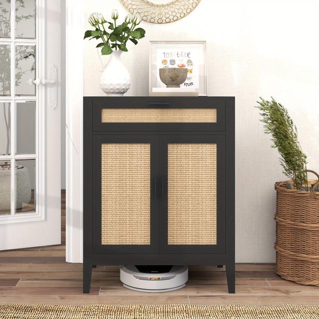 TEMU Homcom Boho Floor Storage Cabinet, Sideboard Buffet Cabinet With Rattan Decorated Doors And Drawer, Accent Cabinet, Black