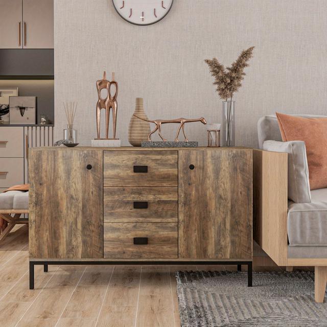 TEMU Homcom Industrial Kitchen Sideboard, Buffect Cabinet With 2 Cupboards, 3 Drawers, Adjustable Shelves, Distressed Brown
