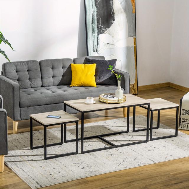 TEMU Homcom Nesting Coffee Table Set Of 3, Modern End Tables With Black Metal Frame For Living Room Home Furniture, Natural
