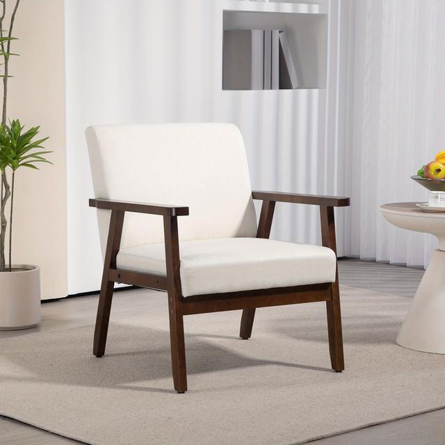 TEMU Homcom Modern Accent Chairs With Cushioned Seat, Upholstered Linen-feel Armchair For Bedroom, Living Room Chair With Arms And Wood Legs, Cream White