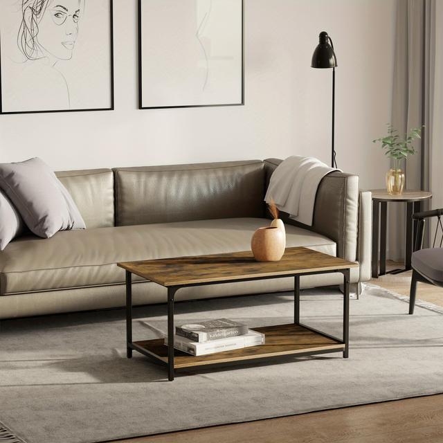 TEMU Homcom Industrial Coffee Table, 2-tier Center Table With Storage Shelf, Wood Look Accent Furniture With Metal Frame For Living Room, 39. 4" X 21. 3" ", Rustic Brown