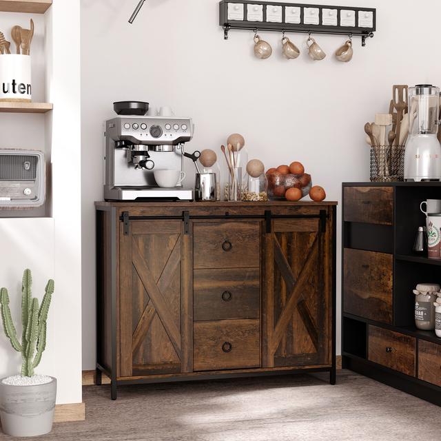 TEMU Homcom Industrial Buffet Cabinet, Kitchen Sideboard With Sliding Barn Doors, 3 Drawers And Adjustable Shelves, Rustic Brown