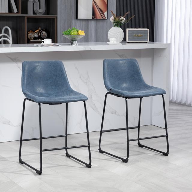 TEMU Homcom Counter Height Bar Stools Set Of 2, Vintage Pu Chairs, Kitchen Stools With Footrest For Home Bar, Dark Blue