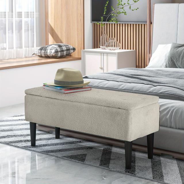 TEMU Homcom 15" Modern Ottoman With Storage And Wooden Legs, 47l Storage Ottoman With Lamb's Wool Upholstery, For Living Room, Bedroom, Beige