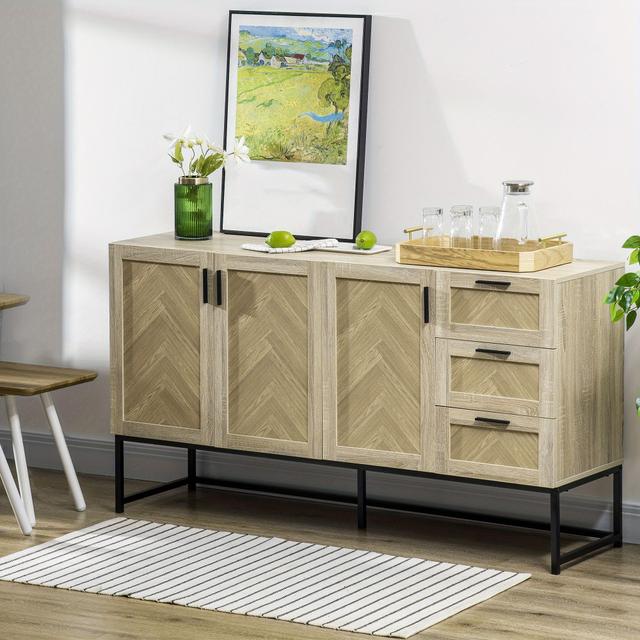TEMU Homcom Buffet Cabinet, Kitchen Sideboard With Storage Cabinets, Drawers And Adjustable Shelves, Oak
