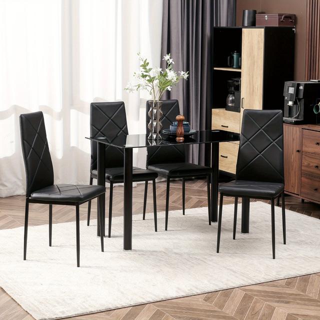 TEMU Homcom Modern Dining Table Set For 4, Space-saving 5pcs Kitchen Table Set With Pu Leather Upholstered Chairs, Glass Table Top And , Black