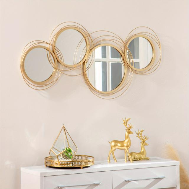TEMU Elegant Golden Metal Wall Art With Circular Mirrors - Decor, 42.25" W X 22" H, Living Room, Bedroom, Dining Area, Room Decor, Room Decor