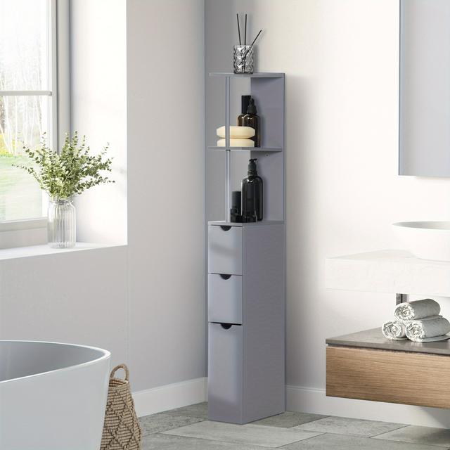 TEMU Homcom Narrow Bathroom Cabinet, Slim Bathroom Storage Cabinet With Drawers, Cupboard And Open Shelves, Linen Cabinet Space Saving, Grey