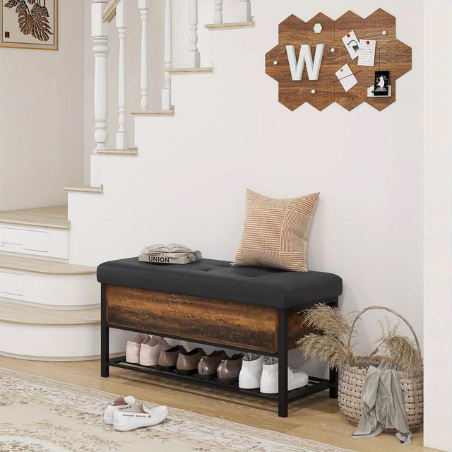 TEMU Homcom Shoe Bench With Flip-up Lid, Upholstered Entryway Bench Seat With Hidden Compartment And For Hallway, Living Room, Rustic Brown