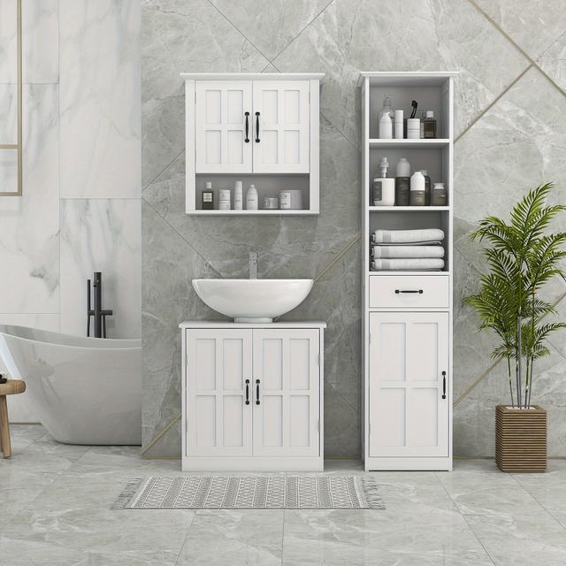 TEMU Kleankin Tall Bathroom Storage Cabinet, Narrow Bathroom Cabinet With 3 Open Shelves, Drawer, Recessed Door And Adjustable Shelf, White