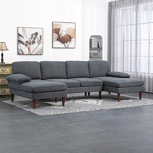 TEMU Homcom U Shape Sofa With Double Chaise Lounge, Modern 4 Seater Couch With Wooden Legs And Arms, Fabric Sofa For Living Room, Bedroom, Dark Grey