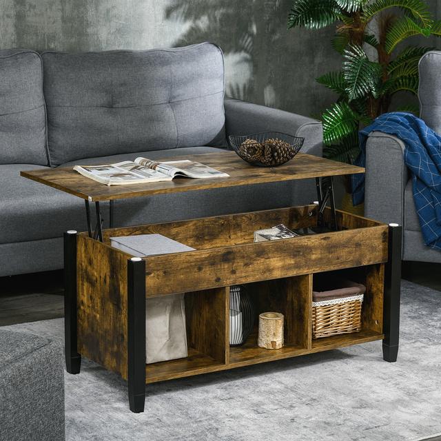 TEMU Homcom Lift Top Coffee Table With Hidden Compartment And 3 Storage Shelves, Center Table With Rising Tabletop For Living Room, Reception, 41" L, Rustic Brown