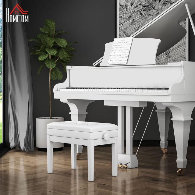 TEMU Homcom Height Adjustable Piano Bench With Thick And Soft Pu Leather Padded, With Enough Music Storage Design, White