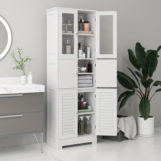 TEMU Homcom Tall Bathroom Cabinet, Bathroom Storage Cabinet With Glass/louvred Doors And Adjustable Shelf, Linen Cabinet For Kitchen, Study, Living Room, White