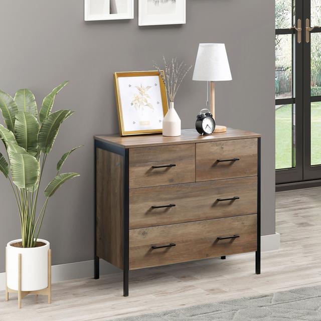 TEMU Homcom 4 Drawer Dresser, Chest Of Drawers With Metal Frame And Handles For Bedroom, Brown