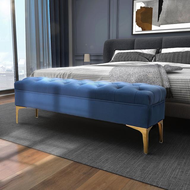 TEMU Homcom Velvet Upholstered Bench - Elegant Blue End Of Bed Stool With Golden Metal Legs, Rectangular Hardwood Frame & Polyester Interior, Living Room, Bedroom, Or Entryway, 831-163v01