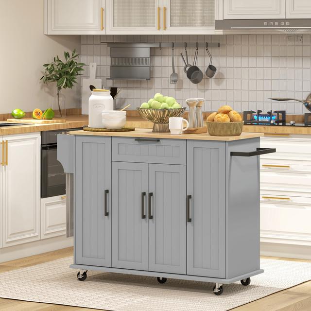 TEMU 1pc Homcom Modern Rolling Kitchen Island Cart With Storage - Grey , Rubberwood Top, Drawer, Spice & Towel Racks, Adjustable Shelves, Required