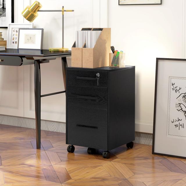 TEMU Homcom 3 Drawer File Cabinet With Lock And Flat Top, Lockable Filing Cabinet On Wheels With Hanging Bars For Letter And A4 Size, Black