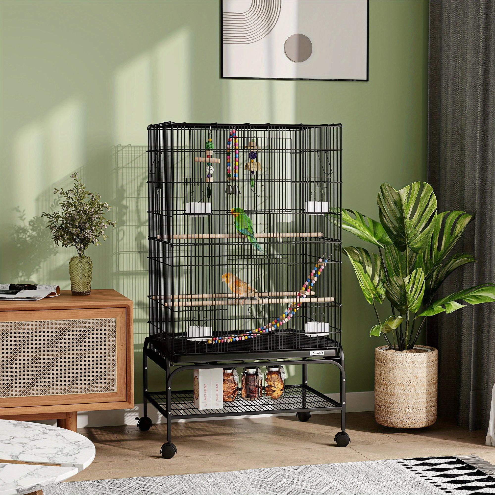 TEMU Pawhut 43" Bird Cage For Budgies Cockatiels With Rolling Stand, Toys, Removable Tray, Storage Shelf, Black