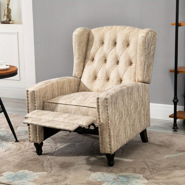 TEMU Manual Reclining Armchair With Footrest, Marble Effect Vintage Recliner Chair With Nail Head Trim, Button Tufted Wing Back And Wood Legs, Beige