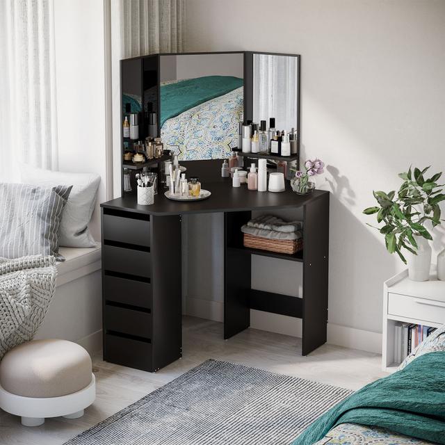 TEMU Homcom Corner Vanity Desk With Mirror, Makeup With 5 Drawers, Dressing Table With 3-piece Mirror, Black