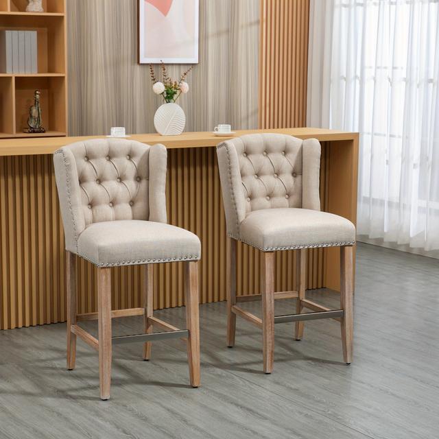 TEMU Homcom Counter Height Bar Stools Set Of 2, Upholstered Bar Chairs With Nailhead Backrest And Footrest, Modern Barstools For Kitchen, Dining Room, Beige