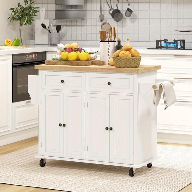 TEMU Homcom Kitchen Island On Wheels, Rolling Cart With Rubber Wood Top, Spice Rack, Towel Rack And Drawers, Cream White