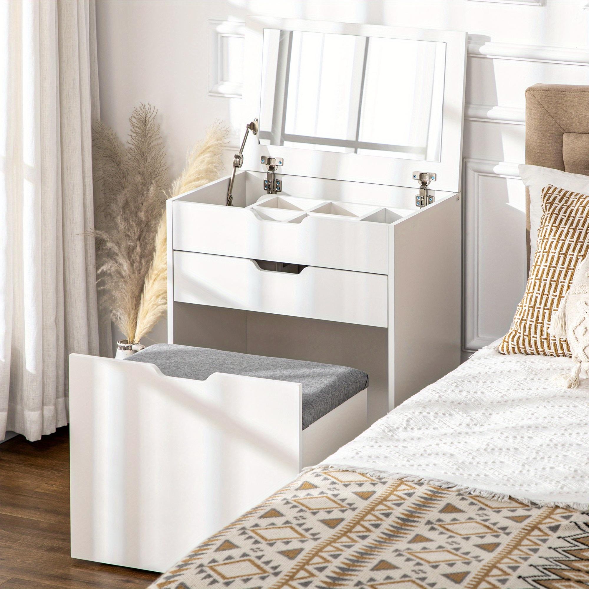 TEMU Elegant White Vanity Set With Flip-up Mirror, Storage Stool & Drawer - Classic Hardwood Finish For Bedroom Or Living Room