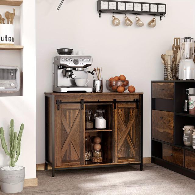 TEMU Homcom Industrial Sideboard, Buffet Cabinet With Sliding Barn Doors, Storage Cabinets And Adjustable Shelves For Living Room, Kitchen, Home Bar, Rustic Brown