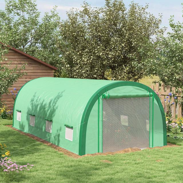 TEMU Outsunny 19. 5' X 10' X 6. 5' Walk-in Tunnel Greenhouse With Upgraded Structure, Zipped Roll Up Mesh Door, 8 Mesh Windows, Plant Tent With Pe Cover, 15 Plant Labels And Gloves, Green